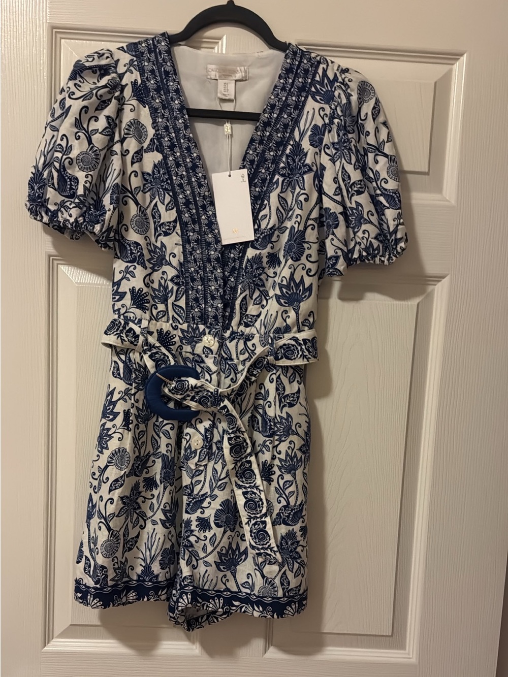 NWT Caroline Constas Blue White Floral Belted Romper Size 2
